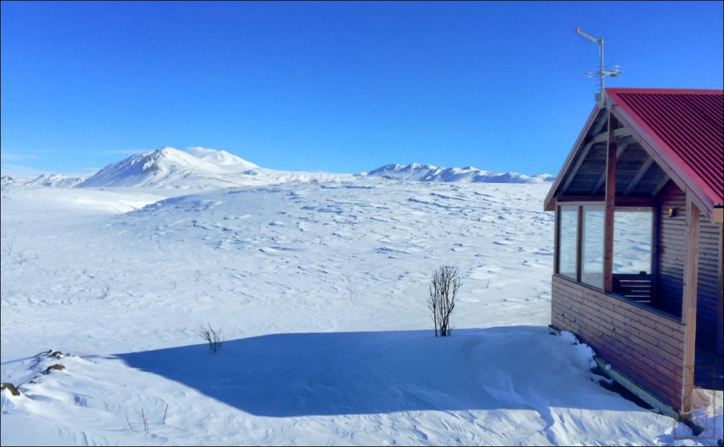 This is the little cottage "R50" that I rented. Cheaper than the car rental, and a great view of Hekla about 20 km away. It's super hard to gauge distance without trees as a reference. (Note the two trees attempting to grow in the from of the cottage.)